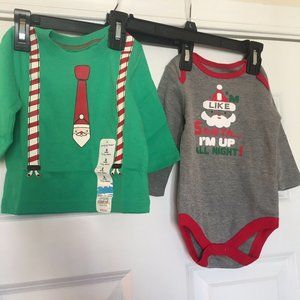 2 Childrens Place Baby Size 3-6 Months Green Red Christmas Holiday Shirts NEW